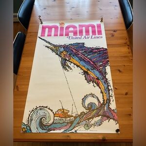 VINTAGE MIAMI TRAVEL POSTER 1969 JAMES JEBAVY UNITED AIRLINES SAILFISH OCEAN USA
